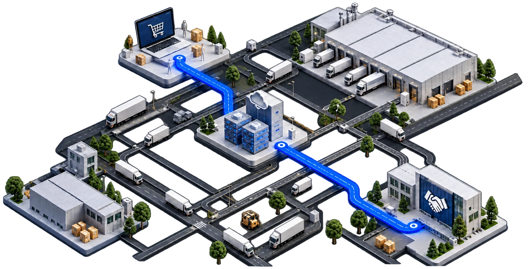 Illustrated commerce network connecting customers, logistics operations, technology and partners.